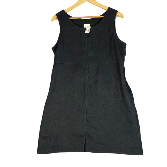Linen Shift Dress Womens Medium Black Sleeveless Tie Back Lagenlook Short NWT - Picture 1 of 10